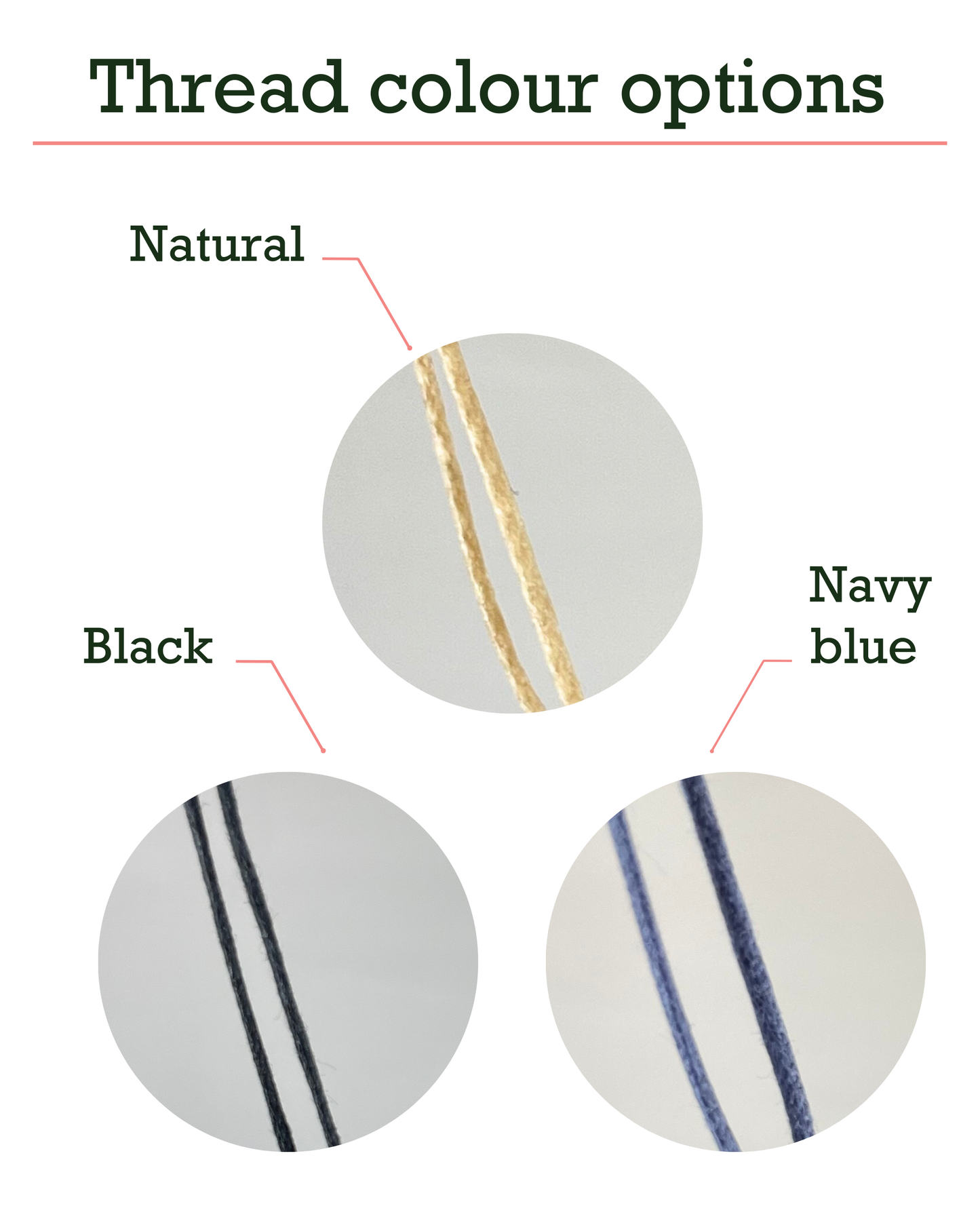 Images of three thread colours options: navy blue, black and natural beige colour