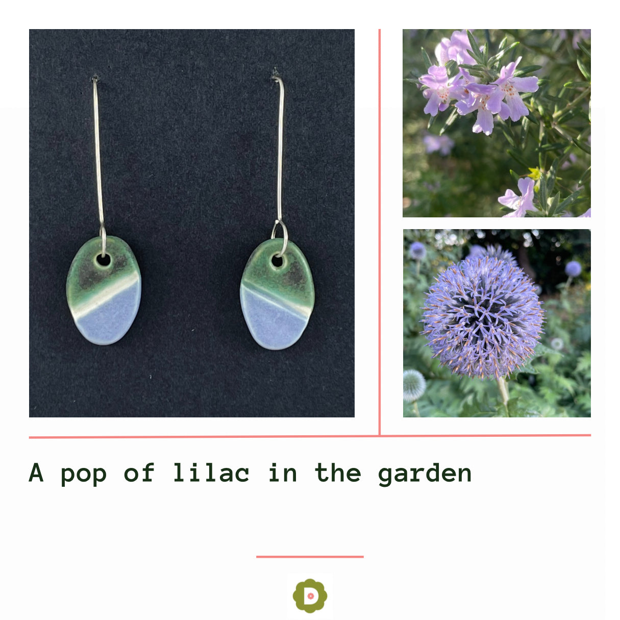 A pair of green, white and lilac-blue earrings on a black background. Also two images showing closeups of lilac flowers with leaves in the background