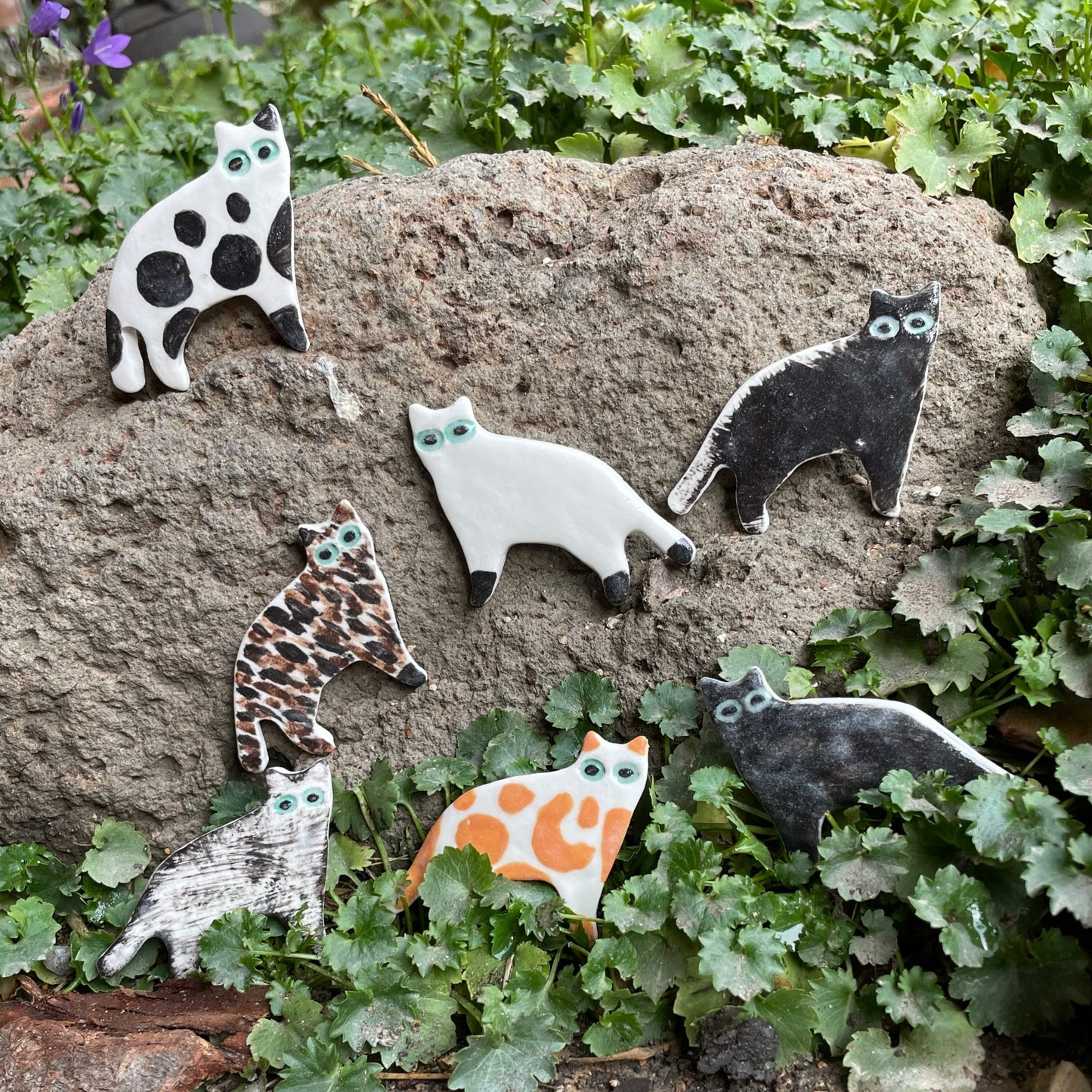 Seven porcelain cats in a range of colours and patterns. Photographed outside in garden. Arranged leaning against a large volcanic rock with foliage around.