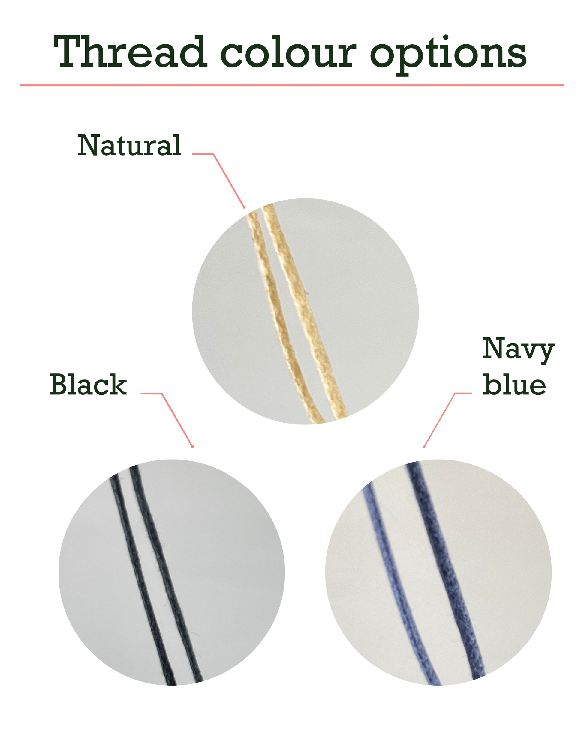 Images of three thread colours options: navy blue, black and natural beige colour 
